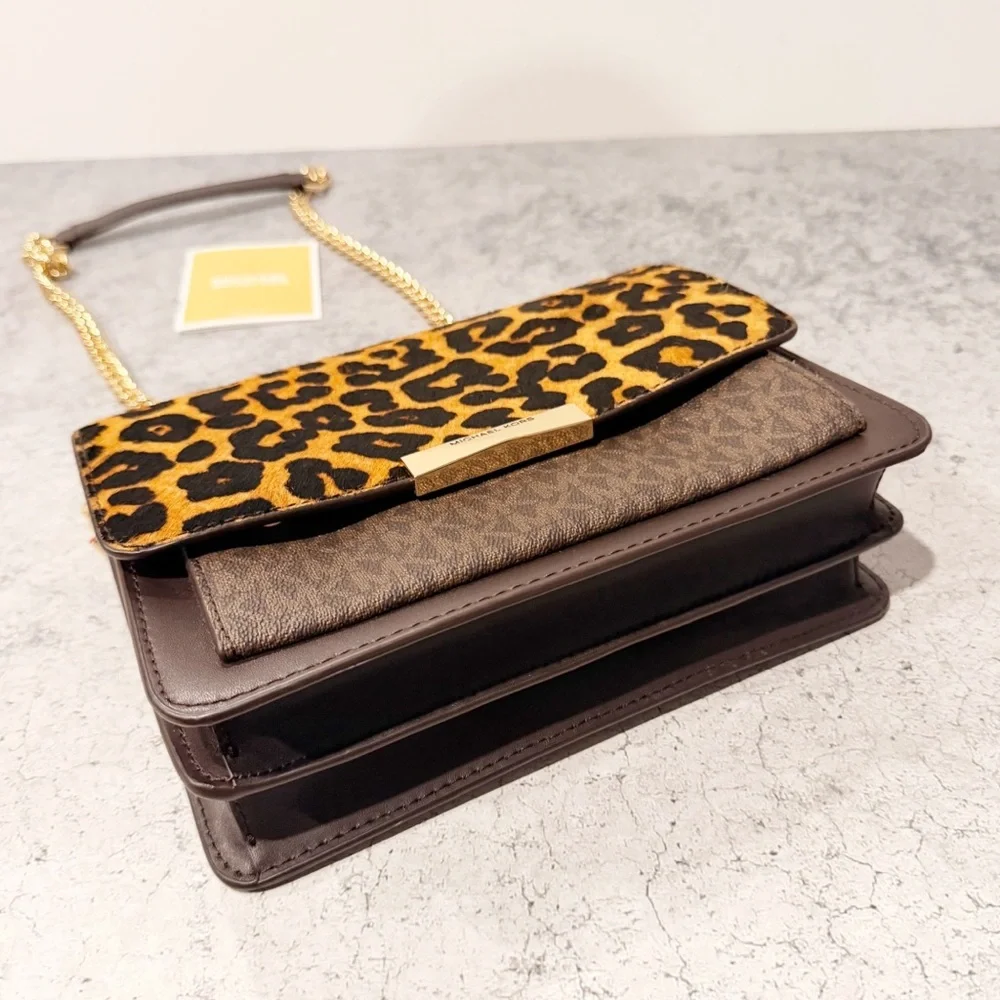 NEW Michael Kors Jade Large Gusset Crossbody Leopard Leather Handbag